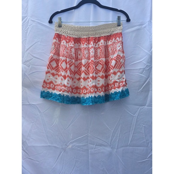 American Eagle Outfitters Dresses & Skirts - American Eagle Outfitters Ikat Tribal Mini Skirt Orange Teal Crochet Lace Med M